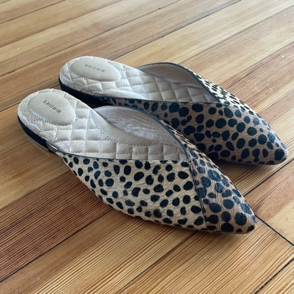 Birdies Leopard Print Pointed-Toe Mules in Tan and Black